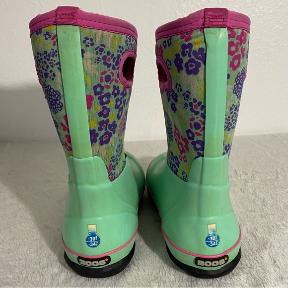 Bogs Classic Waterproof Green Floral Pull On Rubber Rain Boots Youth Size 4 - Picture 5 of 11